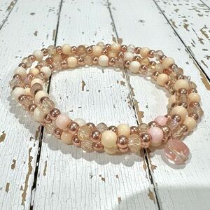 Pastel Pink & Crystal Beaded Triple Wrap Bracelet with Rose Gold Hematite